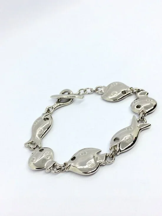 VINTAGE TRIFAFI FISH Bracelet Silver Tone Link Nautical Toggle Statement - Picture 5 of 15